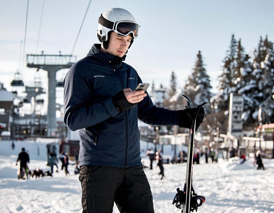 A person in ski gear checking a phone on a mountain.