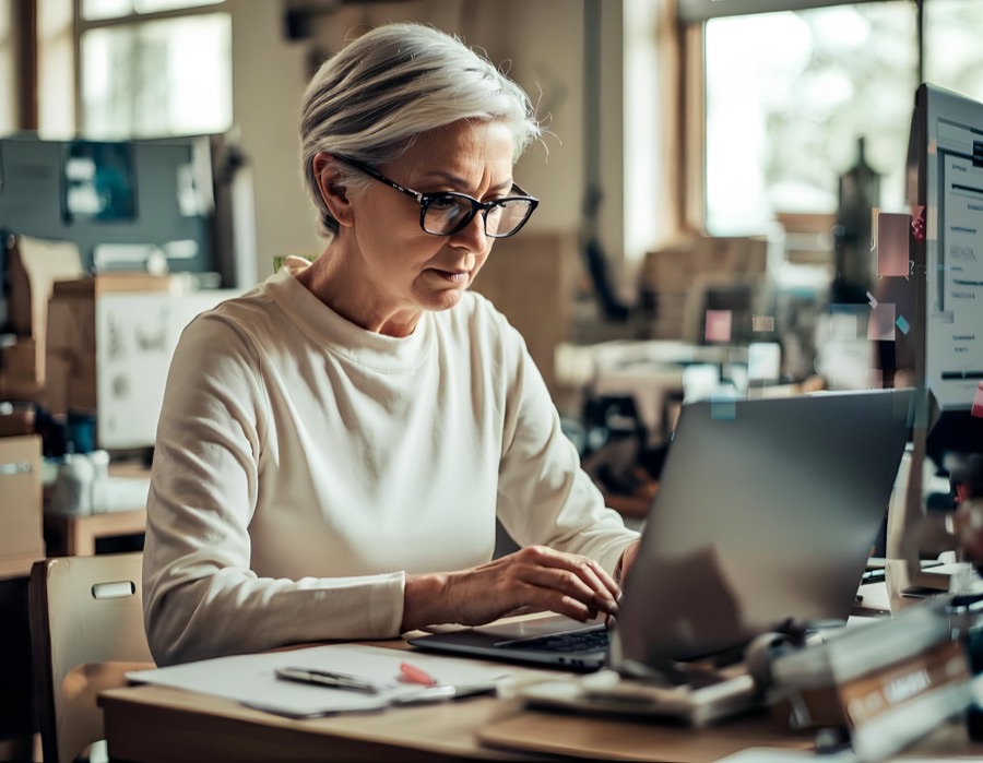 A person working on a laptop at a desk.